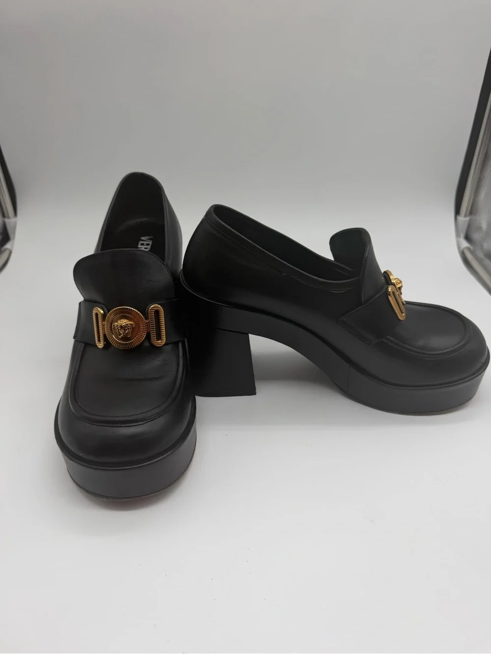 Versace Black Leather Platform Loafers with Gold Medallion Sz 38 EU